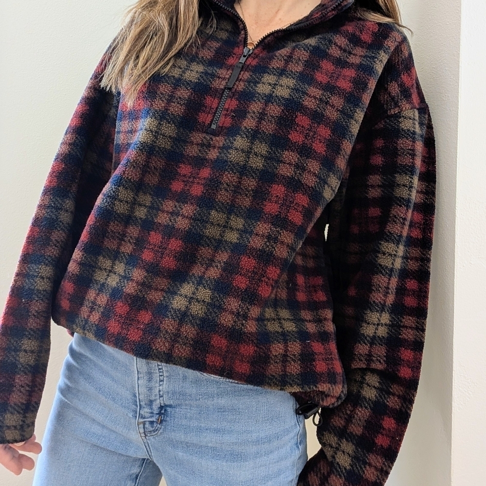 Vintage Eddie Bauer Plaid Collared Quarter-Zip Pullover Fleece Jacket In Red/Tan - Picture 2 of 8